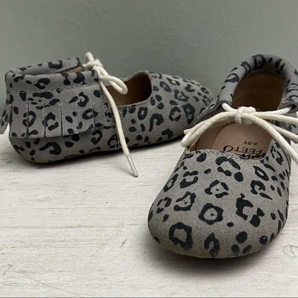 Monkey Feet Other - Monkey Feet Grey Leopard Fringe Tie Moccasin Size 2-3Y or 8/8.5C